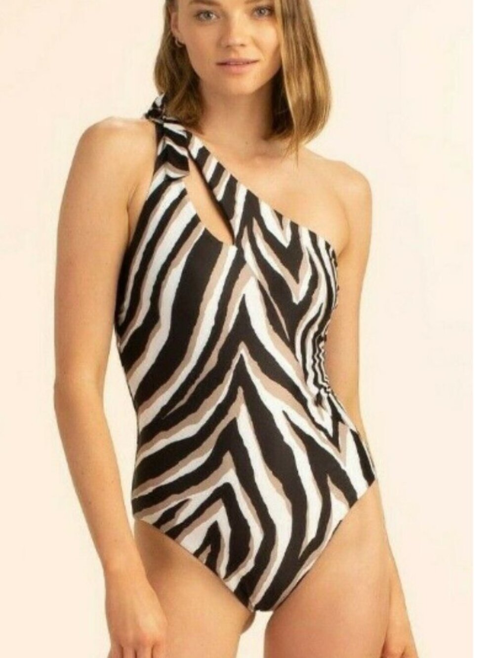 Trina Turk Vivant Zebra One Shoulder Keyhole One Piece Swimsuit Size 10 12536